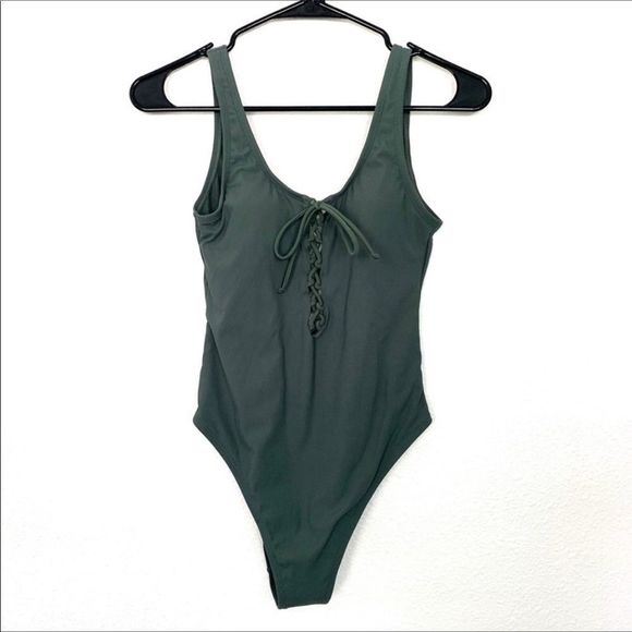 Olive Green Lace Up One-Piece Swimsuit size XL - Picture 2 of 8